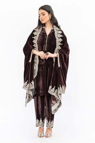 Daljit Sudan Brown Cutwork Velvet Cape & Kurta Set 