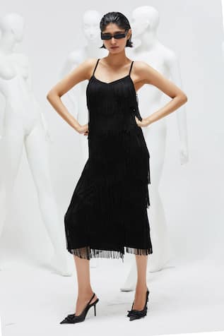 She'll Black Tiered Fringe Lace Dress 
