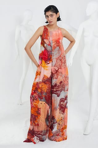 She'll Rust Orange Abstract Print Jumpsuit 