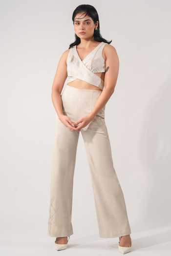 Orthodox Grey Embroidered Criss Cross Crop Top 