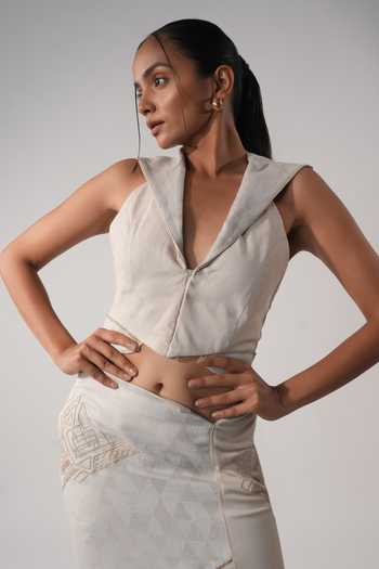 Orthodox Beige Halter Neck Embroidered Crop Top 