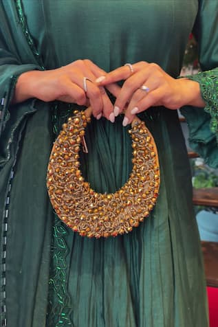 Beaded Antique Gold Moon Shaped Bag 