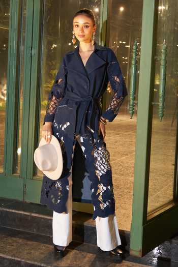 激レア！Ballet by BACKLASH /KNIT TRENCH CD Buy Blue Denim Embroidery Crochet Patchwork Trench Coat For Women