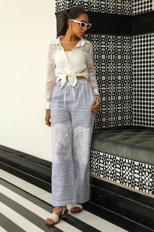 Lace Embellished Shirt & Striped Pant Set 