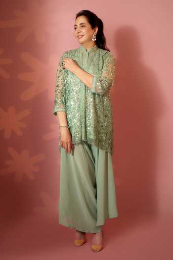 Ohaila Khan Bermuda Green Sequin Embroidered Jacket Set 