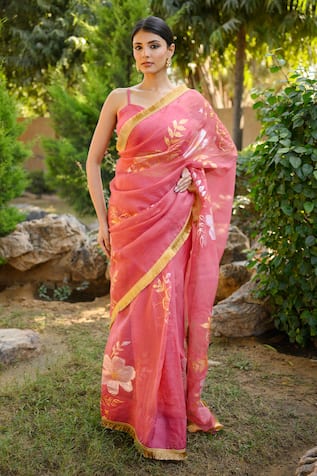 Mangalmay By Aastha Leaf Handpainted Pink Saree With Blouse Piece 