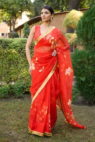 Mangalmay By Aastha Red Hand Painted Saree with Blouse Piece 
