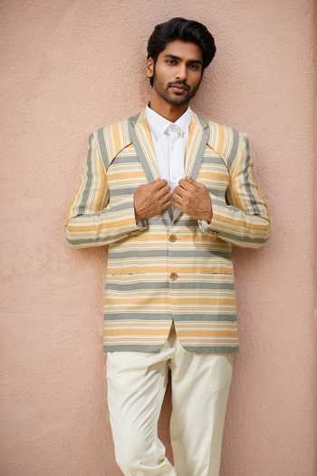 Ankita Shahabadi Stripe Print Linen Blazer 