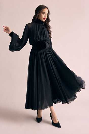Buy Black Chiffon Fabric Flowers High Neck Puff Sleeve Midi Dress