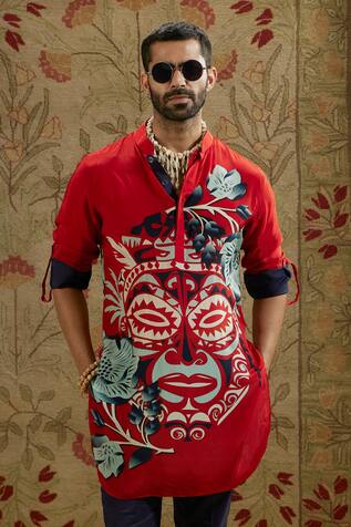 Tribal Mask Print Red Short Kurta 