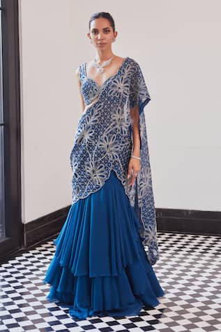 Blue Ruffle Tiered Lehenga Saree Set 