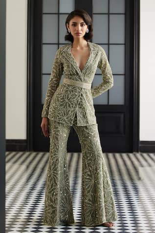 Charu And Vasundhara Fleur Sequin Embroidered Blazer Pant Set 