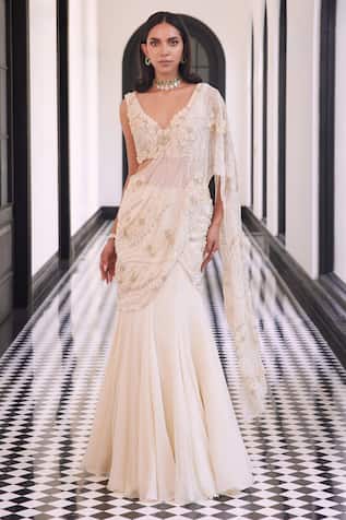 Charu And Vasundhara Ivory 3D Flora Embroidered Lehenga Saree 