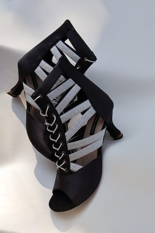 Black Sparkle Strap Peep-Toe Boots 