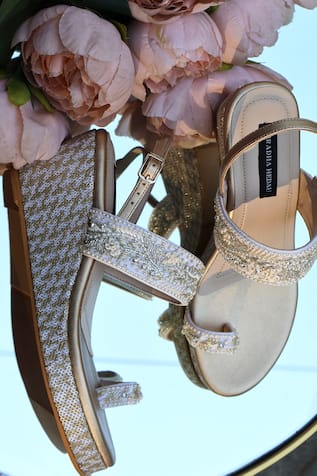 Gold Embroidered Strap Sandal Wedges 