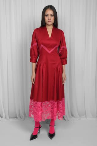 Leh Studios Red Lace Panel Midi Dress 