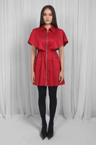 Leh Studios Red Solid Cape Dress 