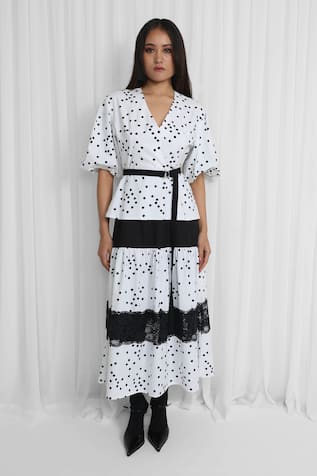 Leh Studios Polka Dot Layered Midi Dress With Belt 