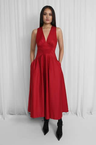 Leh Studios Red Solid V-Neck Maxi Dress 