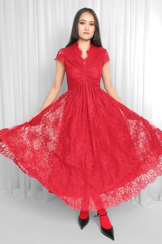 Leh Studios Red Lace Pleated Midi Dress 