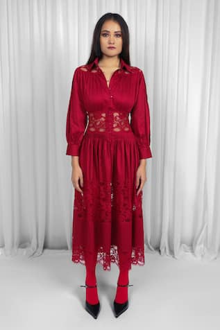 Leh Studios Red Lace Panelled Midi Dress 