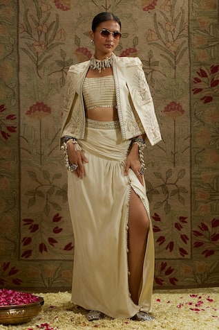 Embroidered Silk Jacket & Draped Skirt Set 