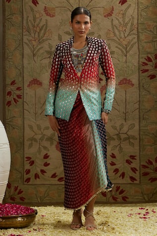 Floral Bead Embroidered Blazer & Draped Skirt 