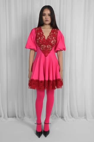 Leh Studios Pink V-Neck Lace Panelled Dress 