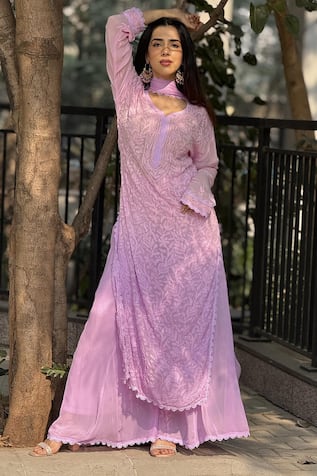 LABEL AISHWARYRIKA Pink Floral Chikankari Kurta Set 