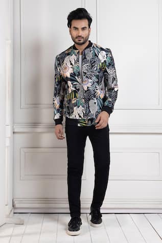 Smriti by Anju Agarwal Multi Color Botanical Floral Bomber Jacket 