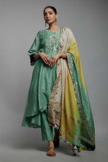 Loka By Veerali Raveshia Teal Green Mirror Work Kurta Pant Set 