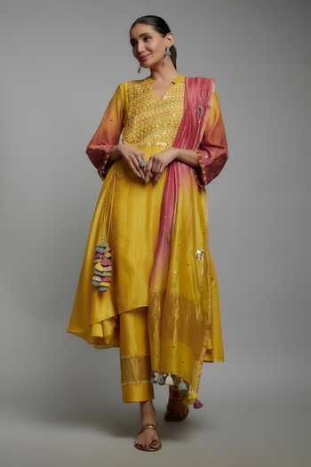 Loka By Veerali Raveshia Mango Yellow Embroidered Kurta Pant Set 
