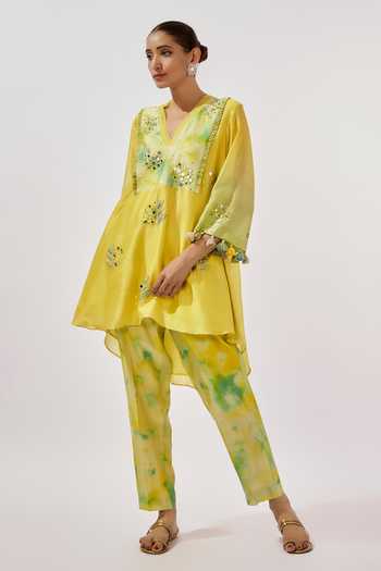 Loka By Veerali Raveshia Yellow Embroidered A-Line Tunic & Pant Set 
