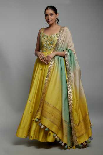 Loka By Veerali Raveshia Lime Yellow Embroidered Anarkali Set 