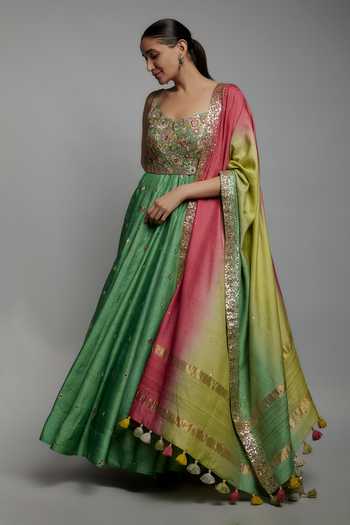 Loka By Veerali Raveshia Teal Green Embroidered Anarkali Set 