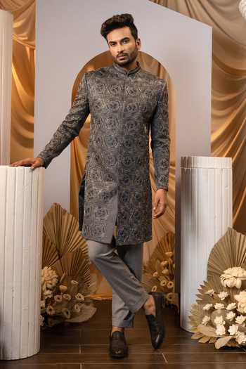 Yoseba Geometric Embroidered Achkan & Trouser Set 