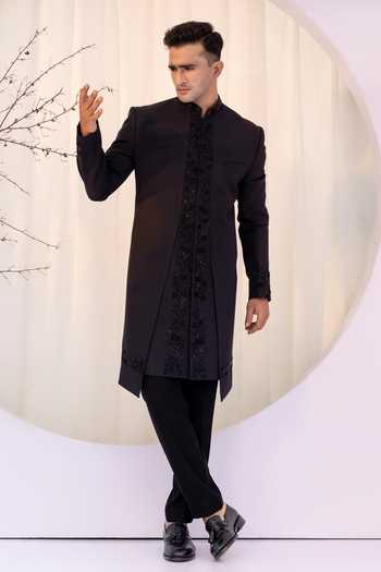 Yoseba Black Embroidered Achkan & Trouser Set 