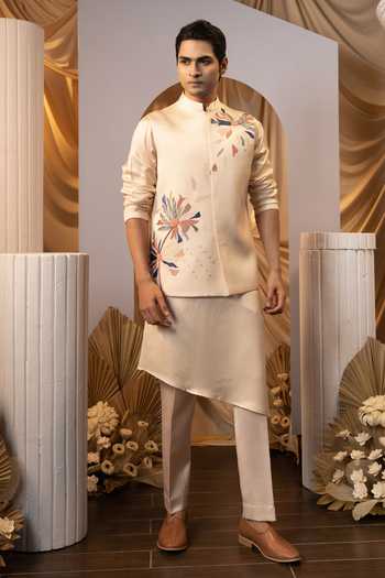Yoseba Floral Embroidered Beige Bundi Kurta Set 