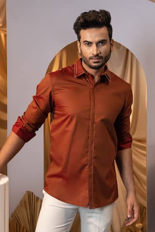 Rust Brown Stitchline Embroidered Shirt 