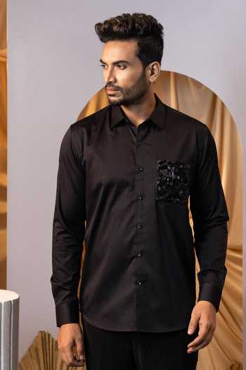 Yoseba Black Leather Embroidered Pocket Shirt 