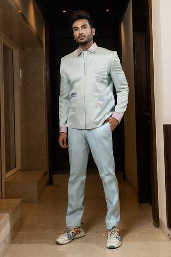 Yoseba Pastel Blue Thread Embroidered Jacket & Trouser Set 