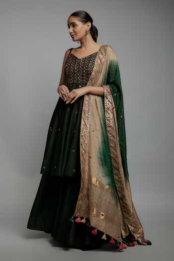 Loka By Veerali Raveshia Emerald Green Embroidered Anarkali Sharara Set 