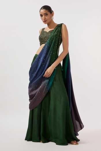 Loka By Veerali Raveshia Sequin Embroidered Pre-Draped Saree Set 