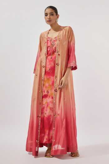 Loka By Veerali Raveshia Mirror Embroidered Cape & Slip Dress Set 