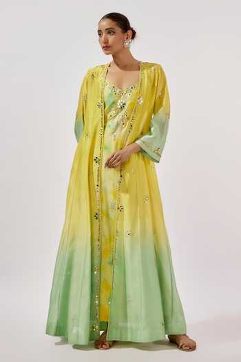 Loka By Veerali Raveshia Mirror Embroidered Cape & Slip Dress Set 