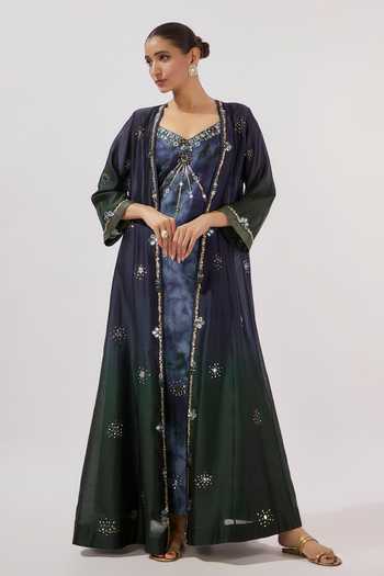 Loka By Veerali Raveshia Mirror Work Cape & Slip Dress Set 