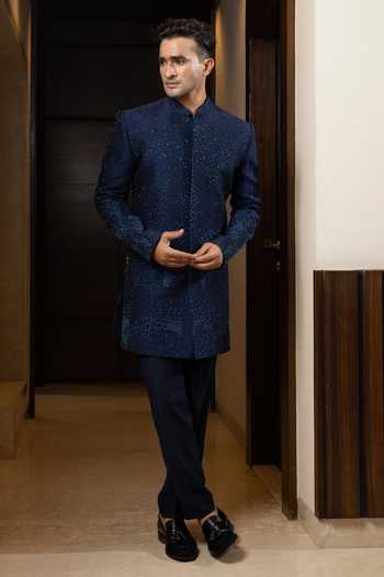 Yoseba Navy Blue Cutdana Embroidered Achkan Set 