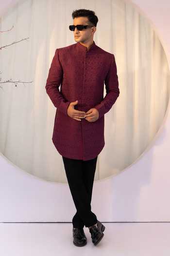 Yoseba Maroon French Knot Embroidered Achkan Set 