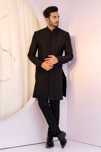 Yoseba Black Tonal Geometric Embroidered Achkan & Trouser 