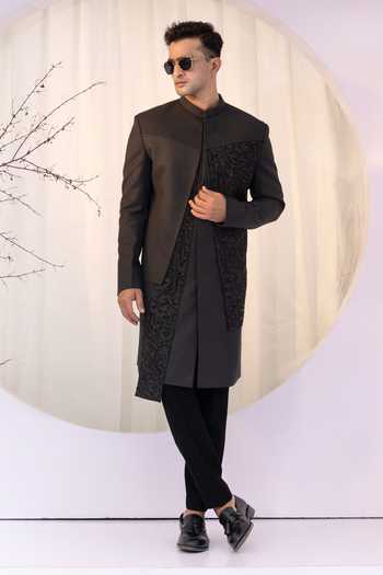 Yoseba Black Cutdana Embroidered Achkan & Trouser Set 